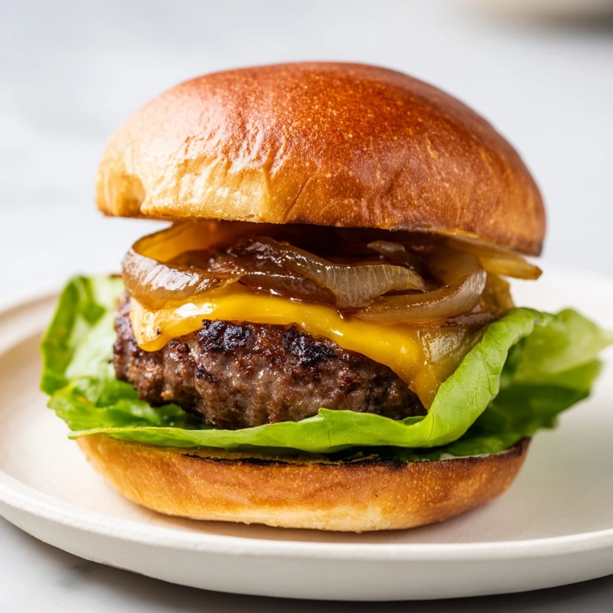 Melted cheese tops these delicious beef sliders with caramelized onions, a true American classic.