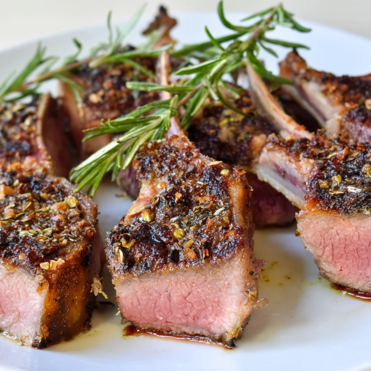Juicy roasted lamb chops, perfectly seared and glistening with rosemary and garlic marinade, ready to serve.