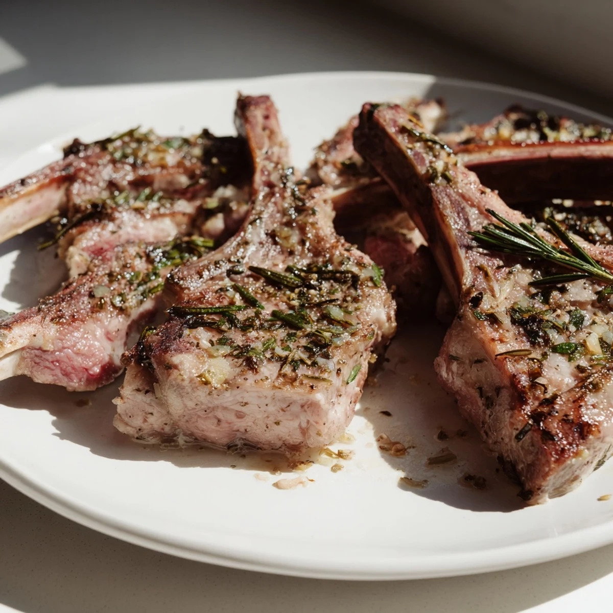 Tender roasted lamb chops with rosemary, presented with a side of lemon wedges, appealingly golden brown.
