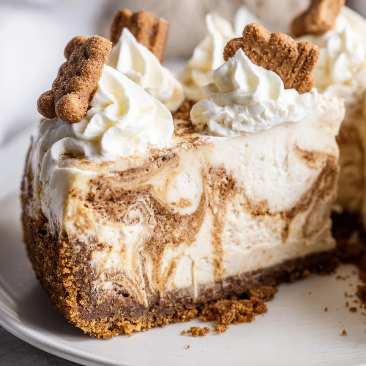 A slice of Gingerbread Cheesecake, creamy filling visible, topped with whipped cream and cookies.