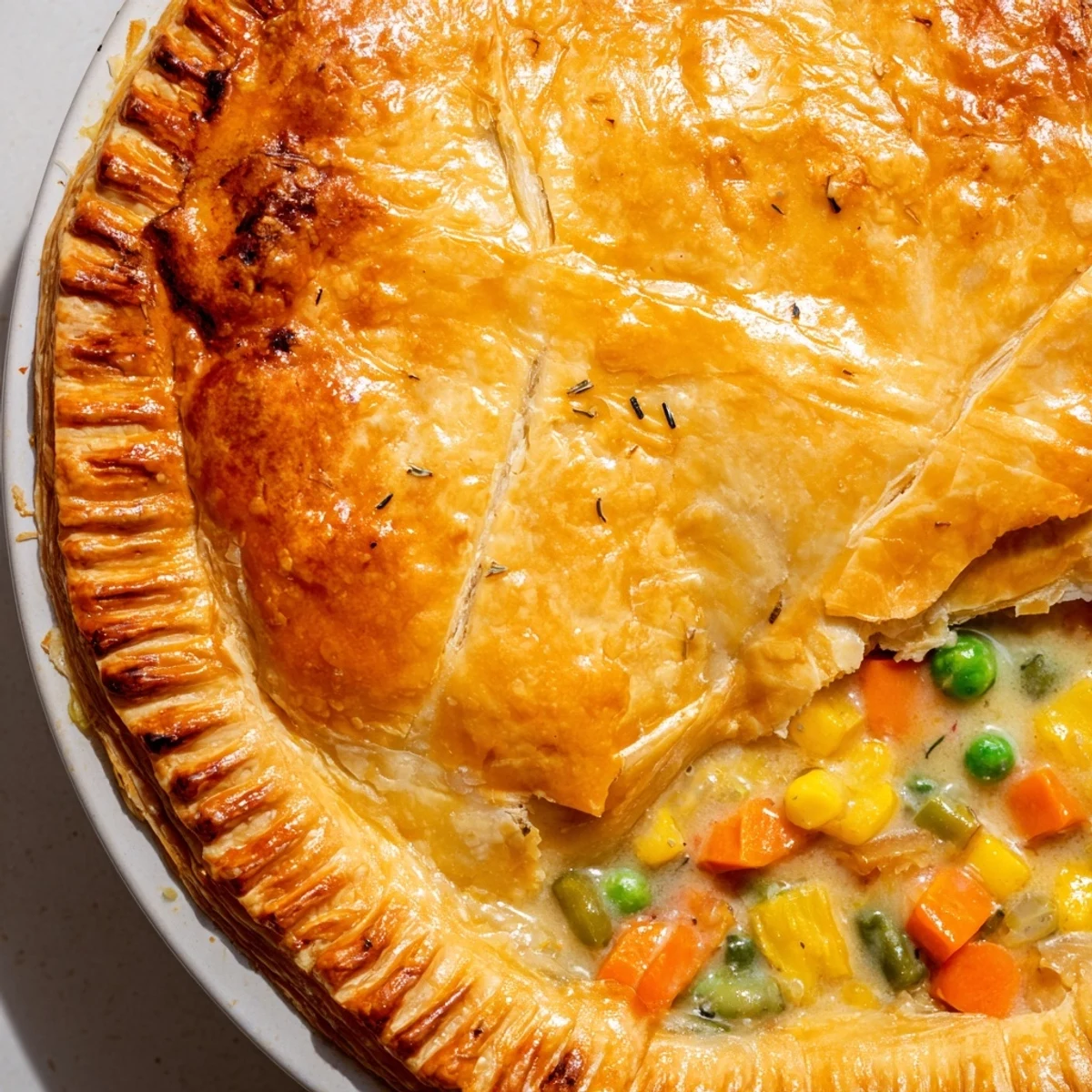 Golden-brown puff pastry tops a bowl of the delicious savory vegetable pot pie, ready for serving.