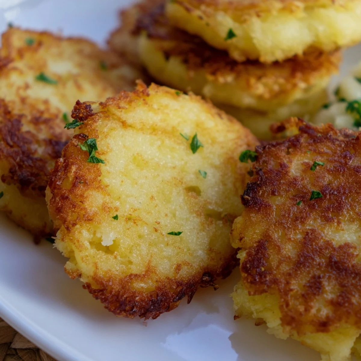 These delicious crispy potato latkes boast a crunchy exterior and soft, savory interior texture.
