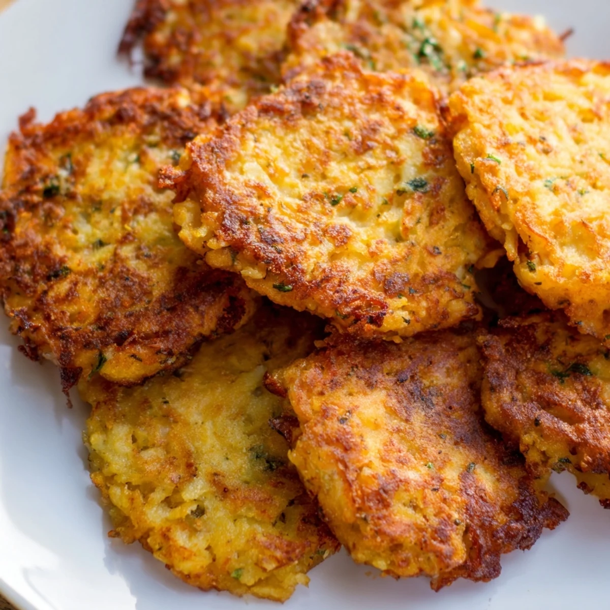 A plate full of warm, golden crispy potato latkes with visible crispy edges, ready to eat now.