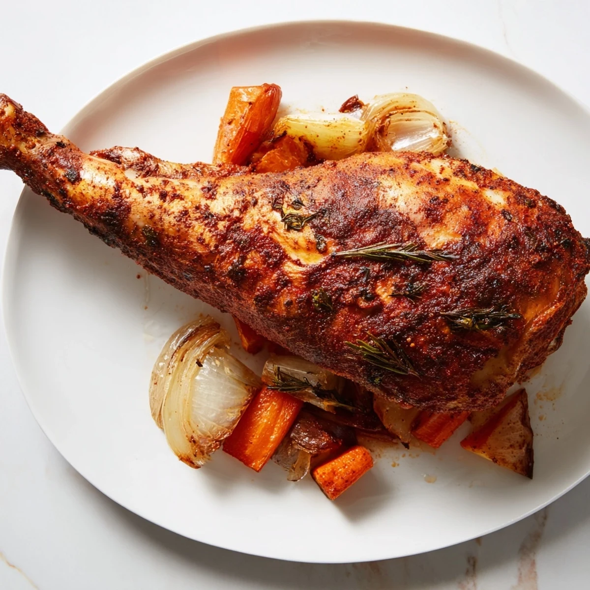 Juicy Slow Roasted Turkey Legs with crispy skin, served with roasted vegetables and rich gravy.