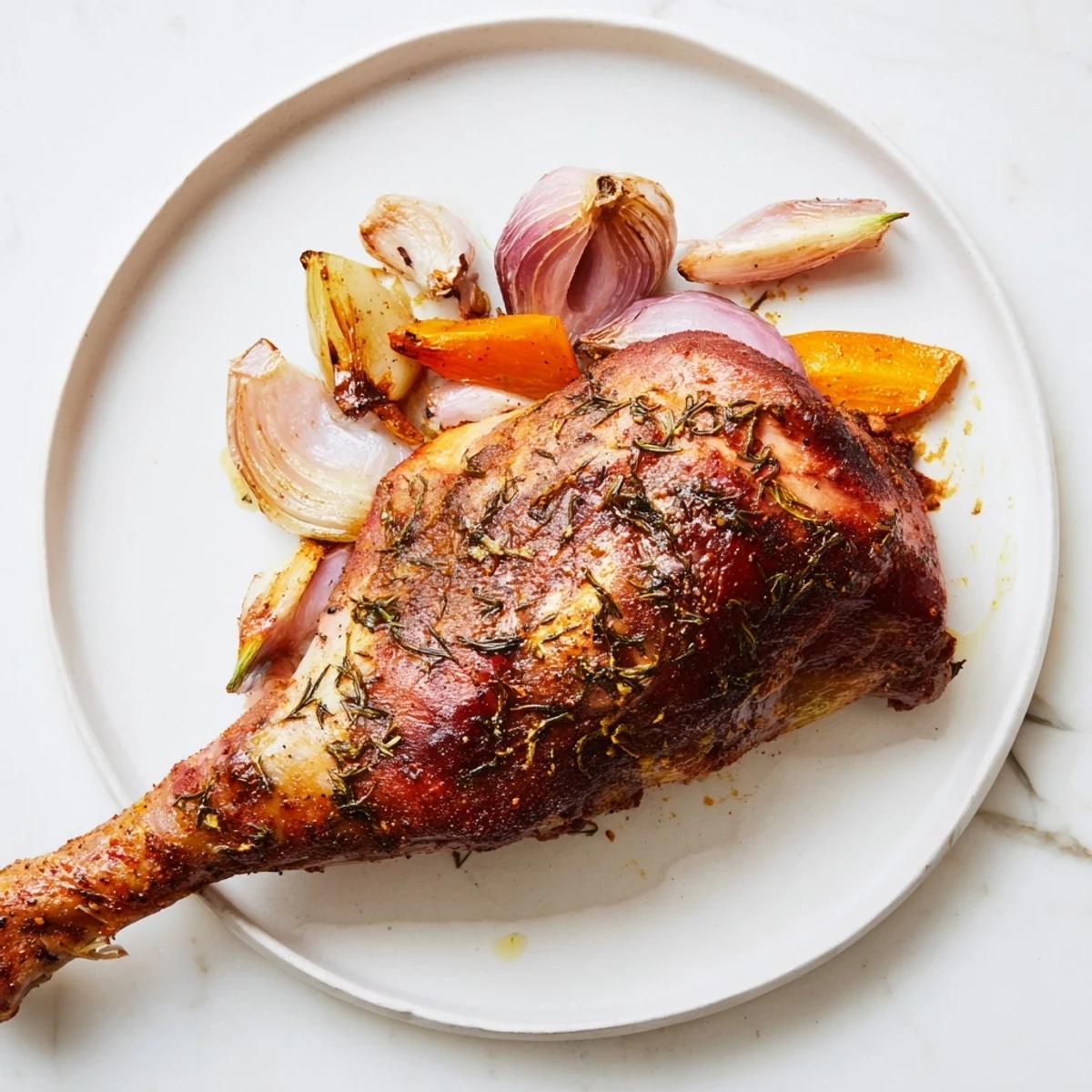 Golden, perfectly cooked Slow Roasted Turkey Legs, a flavorful main dish ready for a family dinner.