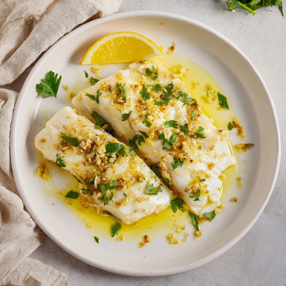 Golden-brown baked halibut with lemon butter, showcasing the bright, zesty sauce perfectly.
