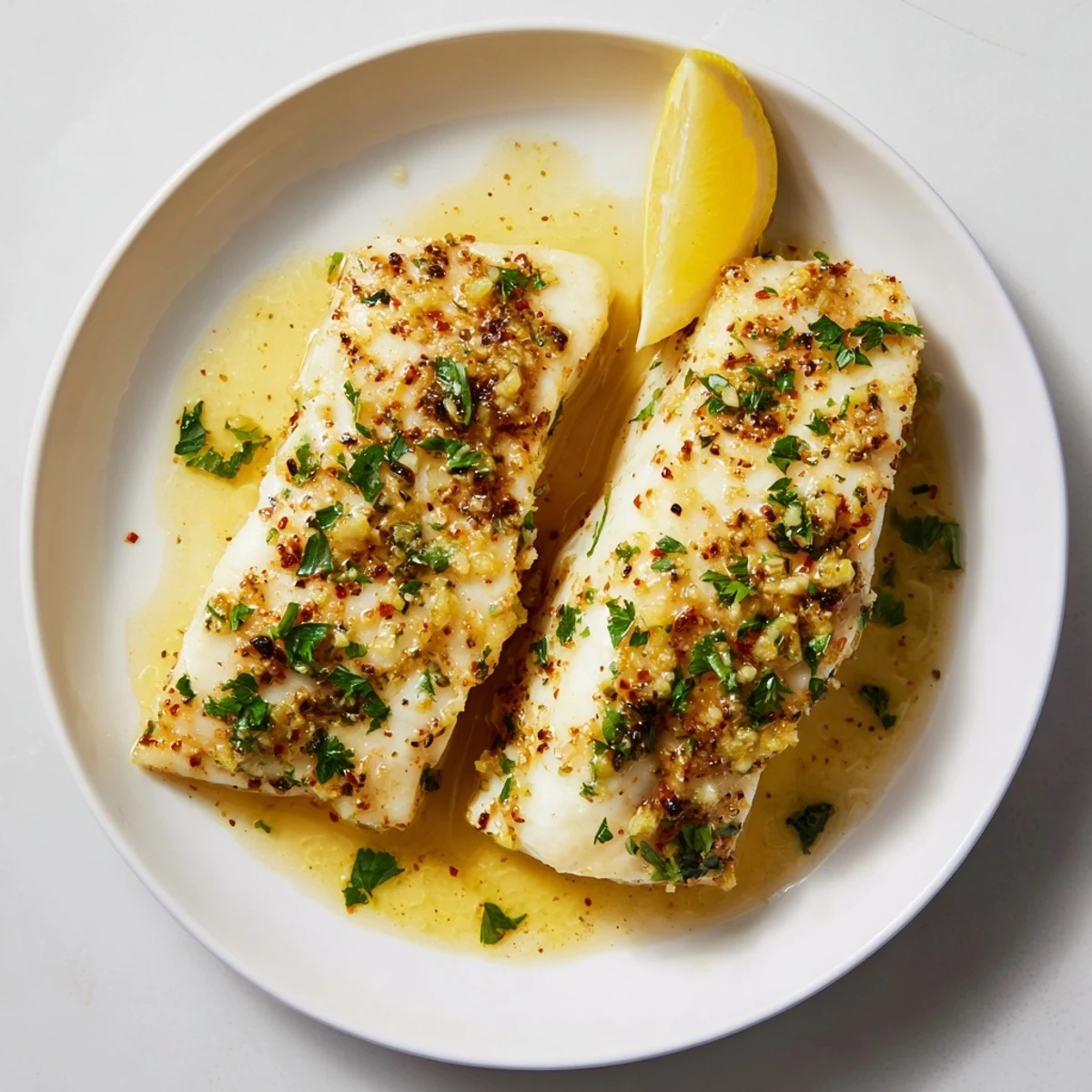 Steaming plate of baked halibut with lemon butter, ready to be enjoyed as a simple weeknight meal.