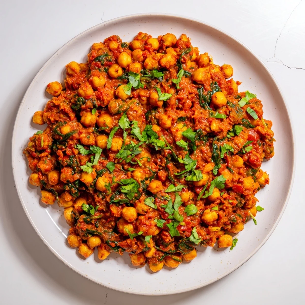 A steaming bowl of Spicy Chickpea Curry, a colorful vegetarian Indian dish ready to eat.