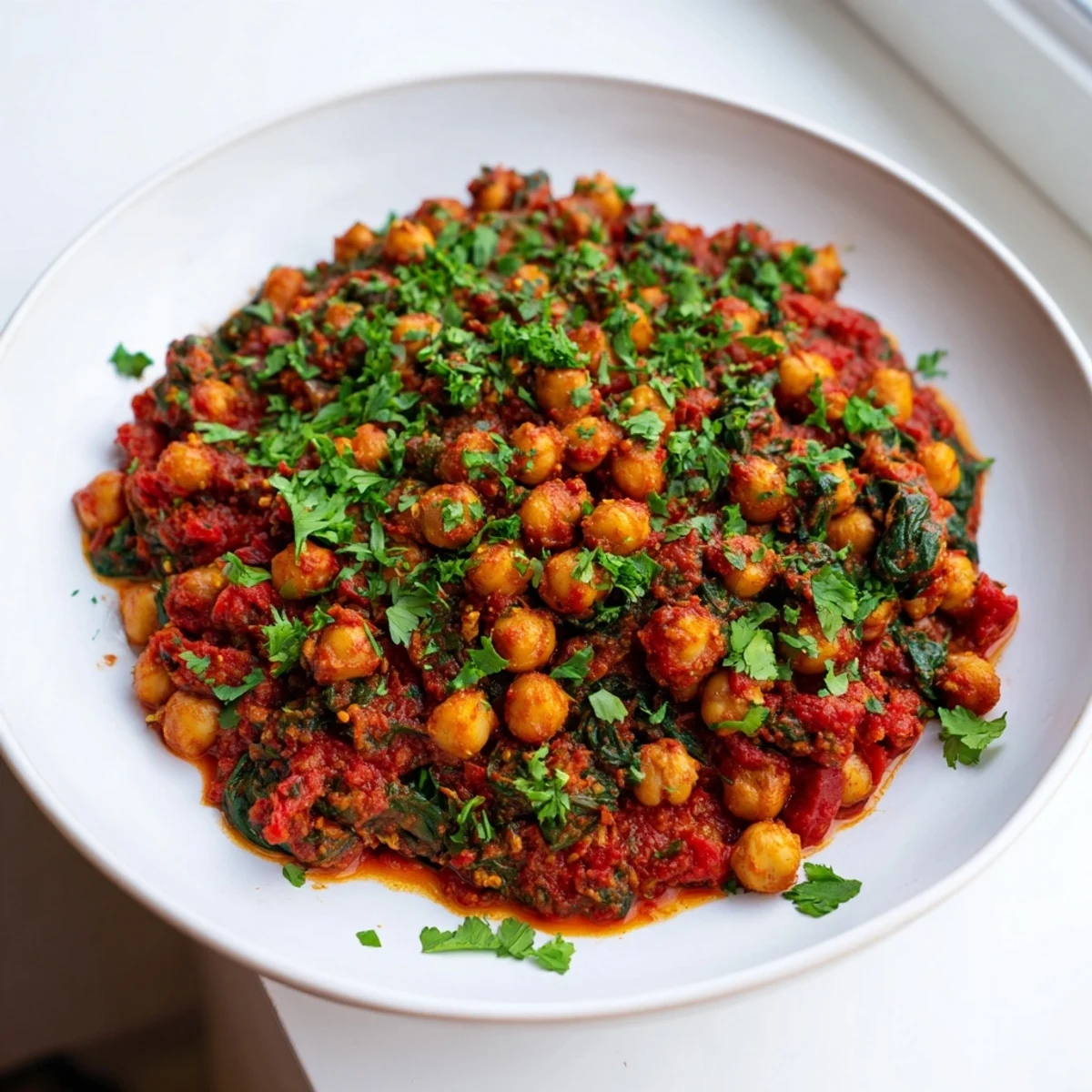 Close-up of a flavorful Spicy Chickpea Curry simmered with spices and garnished with cilantro.