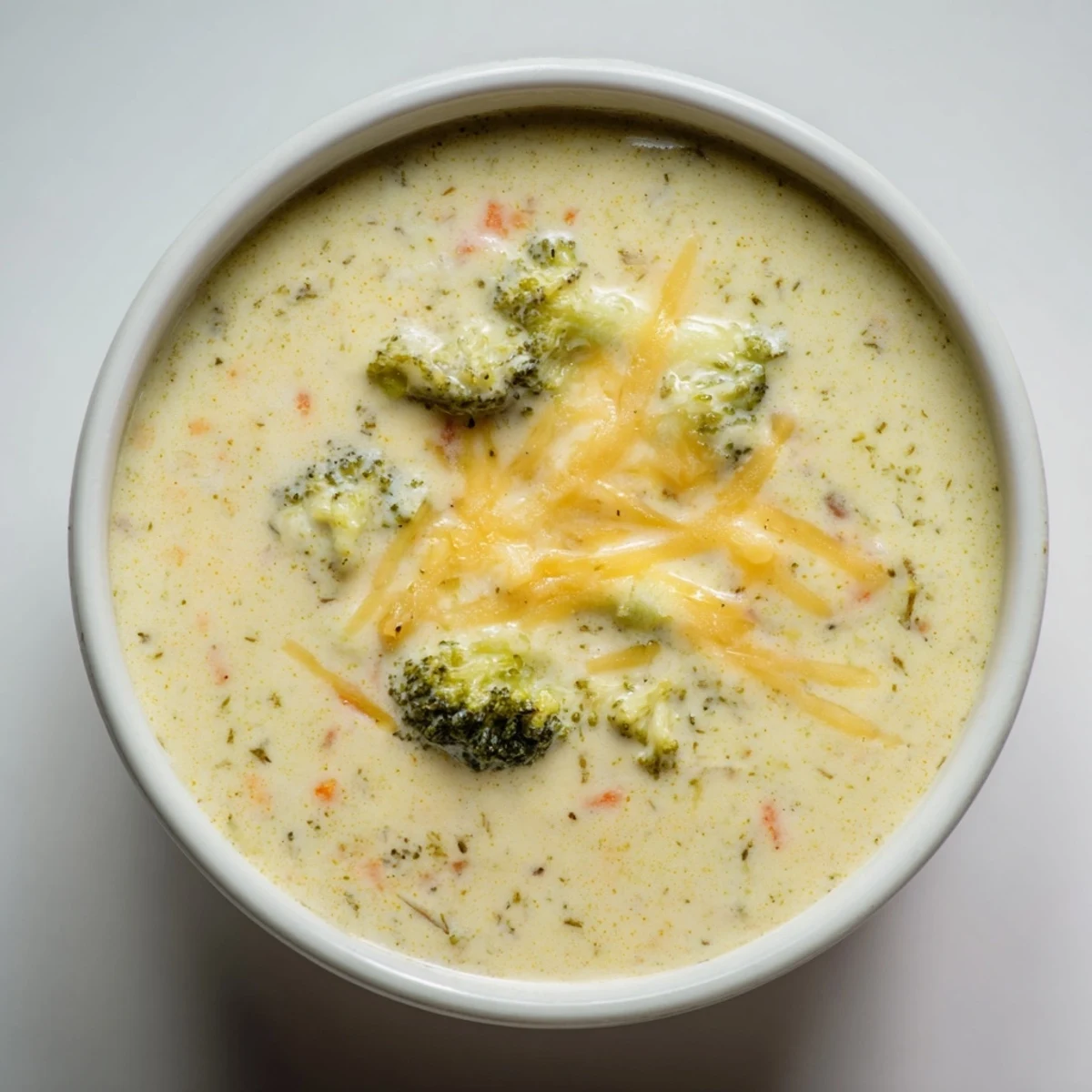 A steaming bowl of creamy broccoli cheddar soup, garnished and ready to be enjoyed.