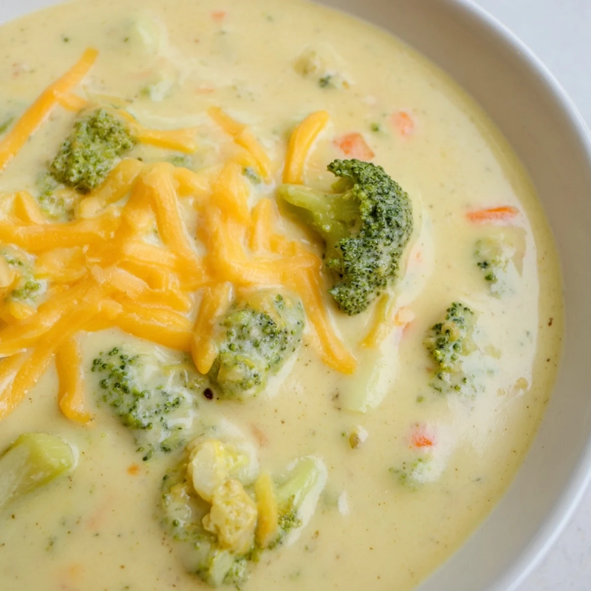 Close-up of velvety creamy broccoli cheddar soup, a comforting classic American recipe.