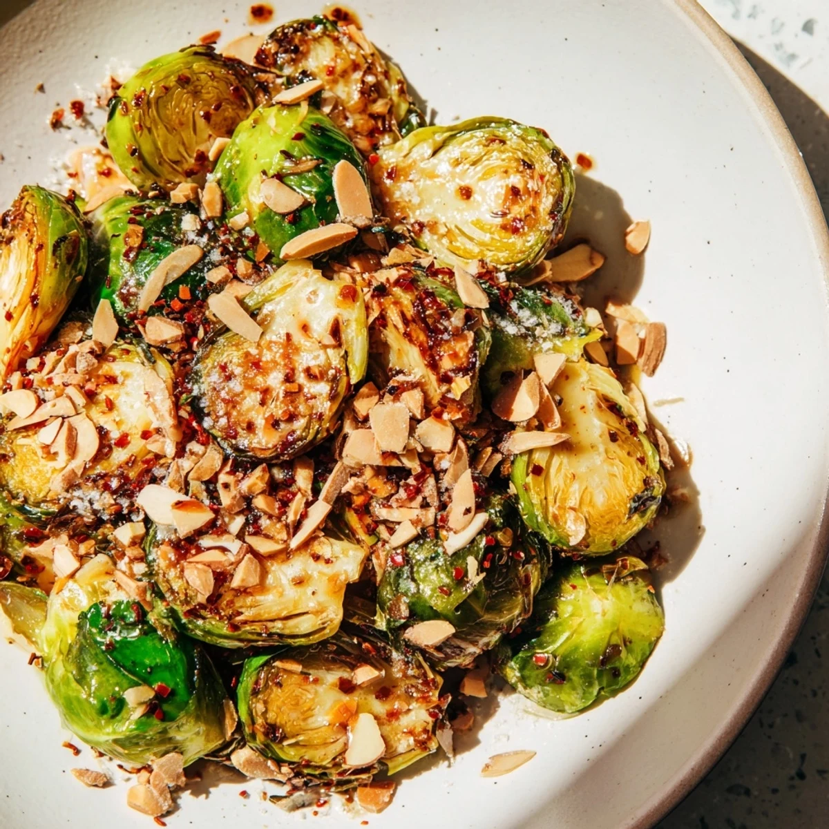 Crispy Brussels Sprouts, glistening with honey glaze and toasted almonds, a perfect side dish.