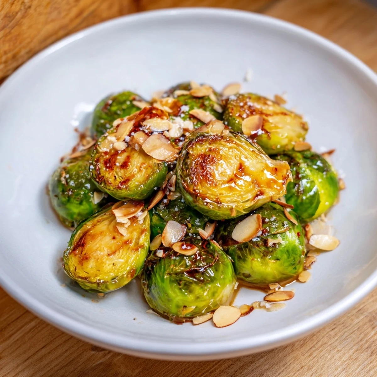 Golden-brown Crispy Brussels Sprouts, drizzled with honey, ready to add a sweet-savory crunch.
