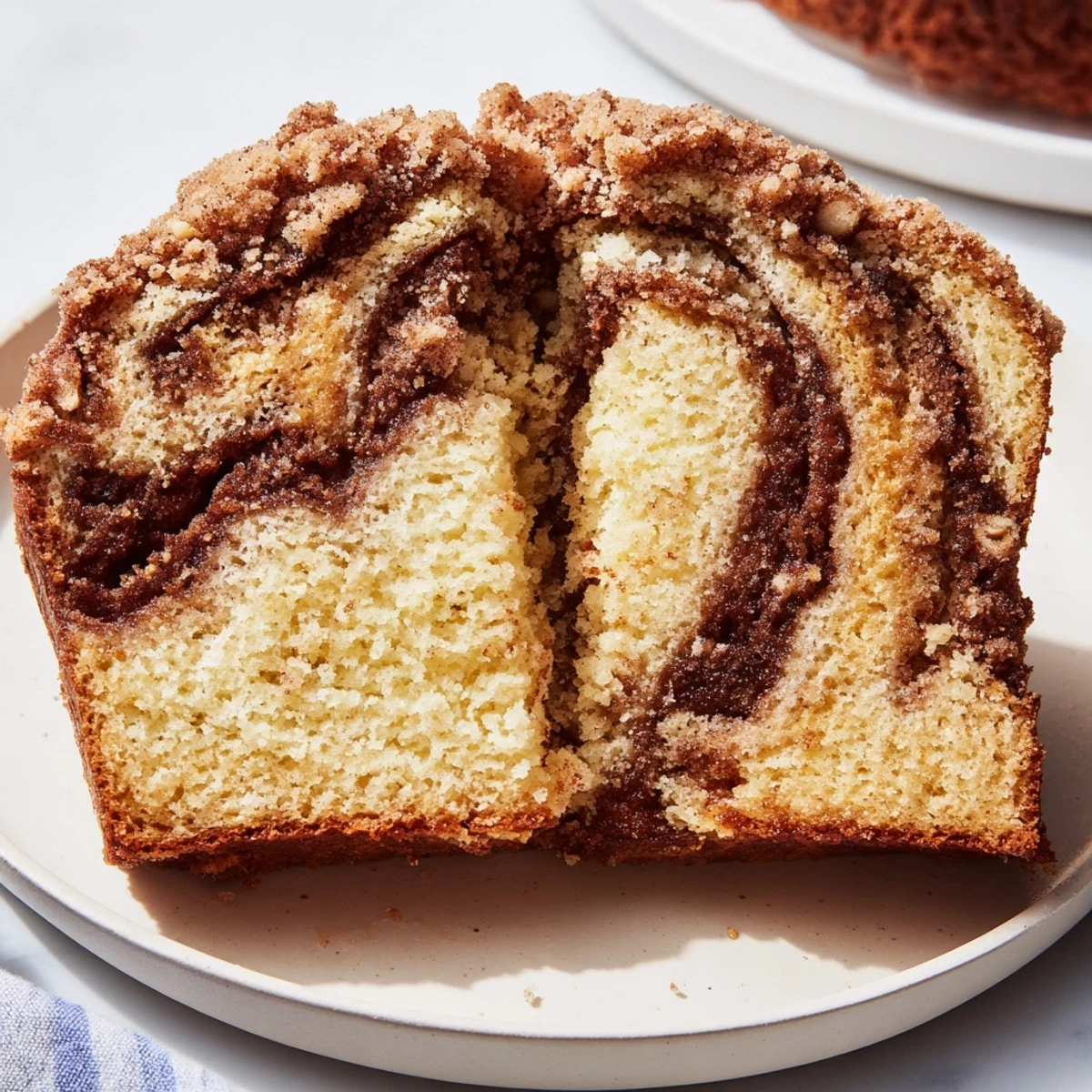 A slice of moist Cinnamon Swirl Coffee Cake, showcasing a rich cinnamon swirl and crumb topping.