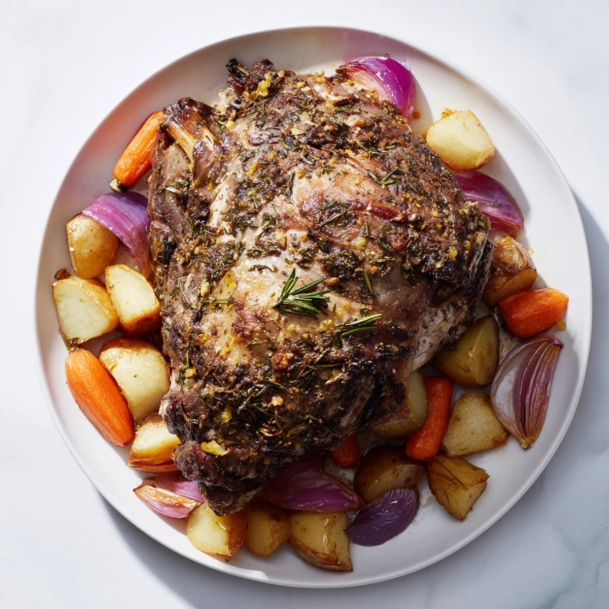 Tender and juicy roasted lamb shoulder with golden brown vegetables in a roasting pan.