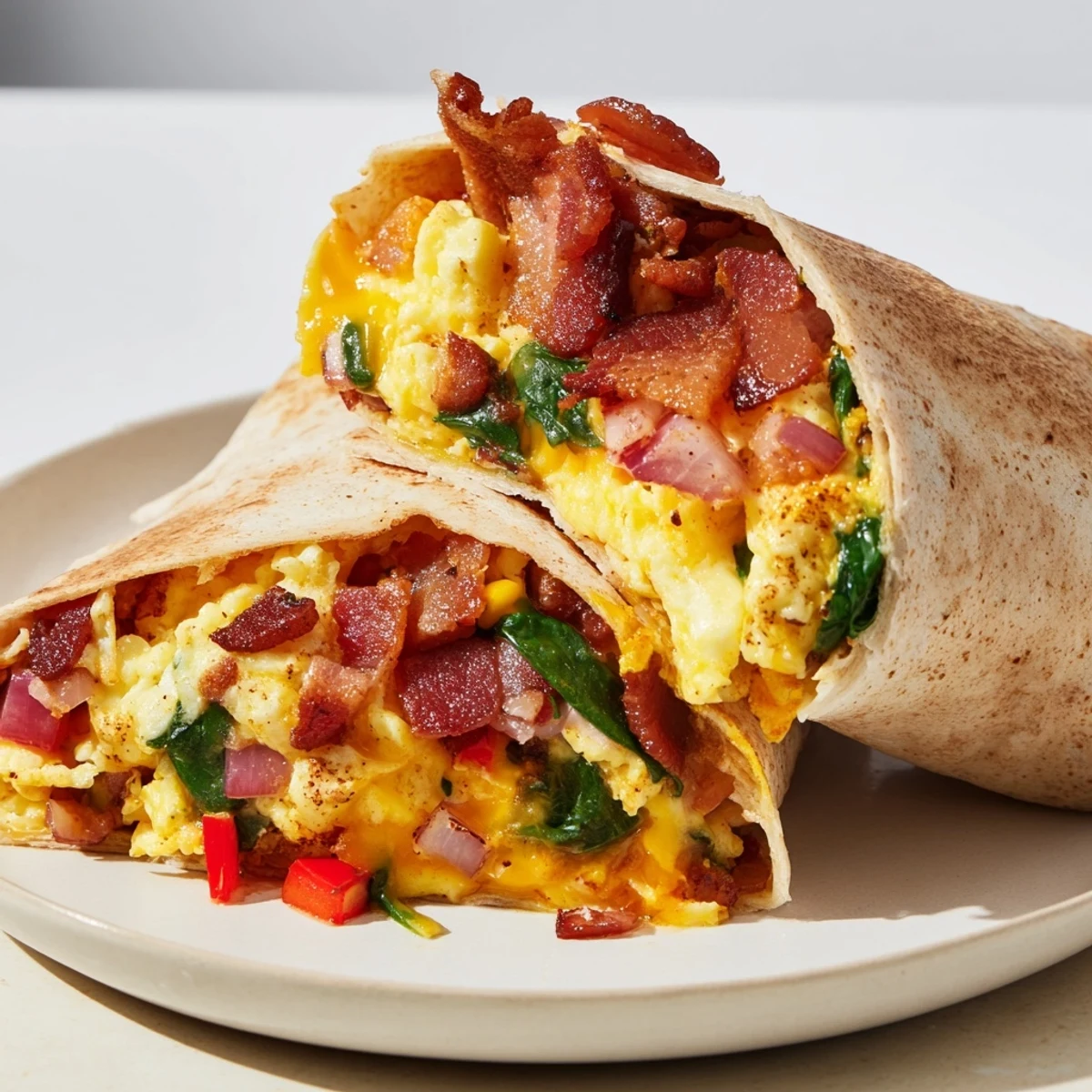 Golden-brown Savory Breakfast Burrito, overflowing with fluffy eggs, visible cheese, and fresh cilantro garnish.