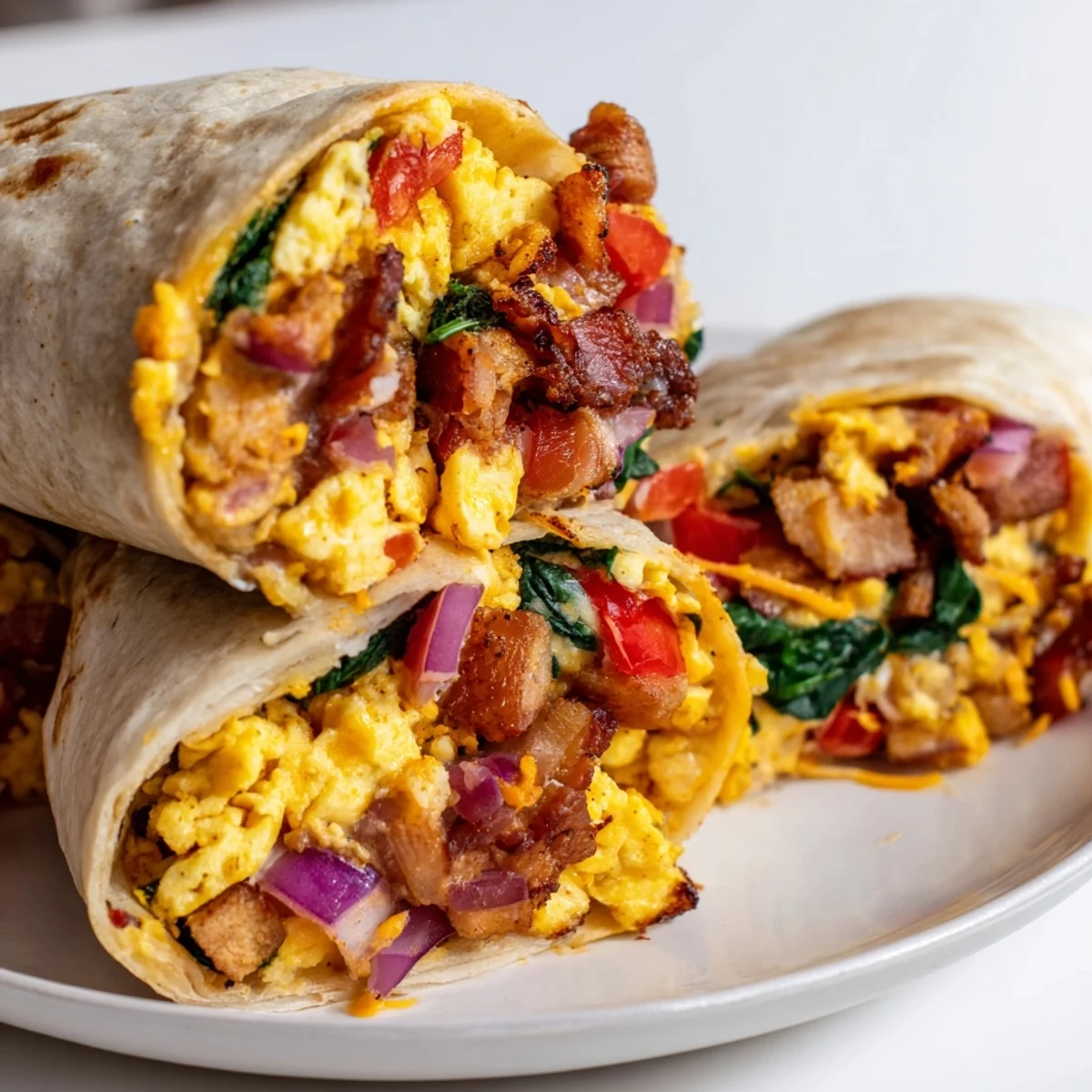 Warm, appetizing photo of a fully-loaded breakfast burrito, perfect for a delicious weekend meal.