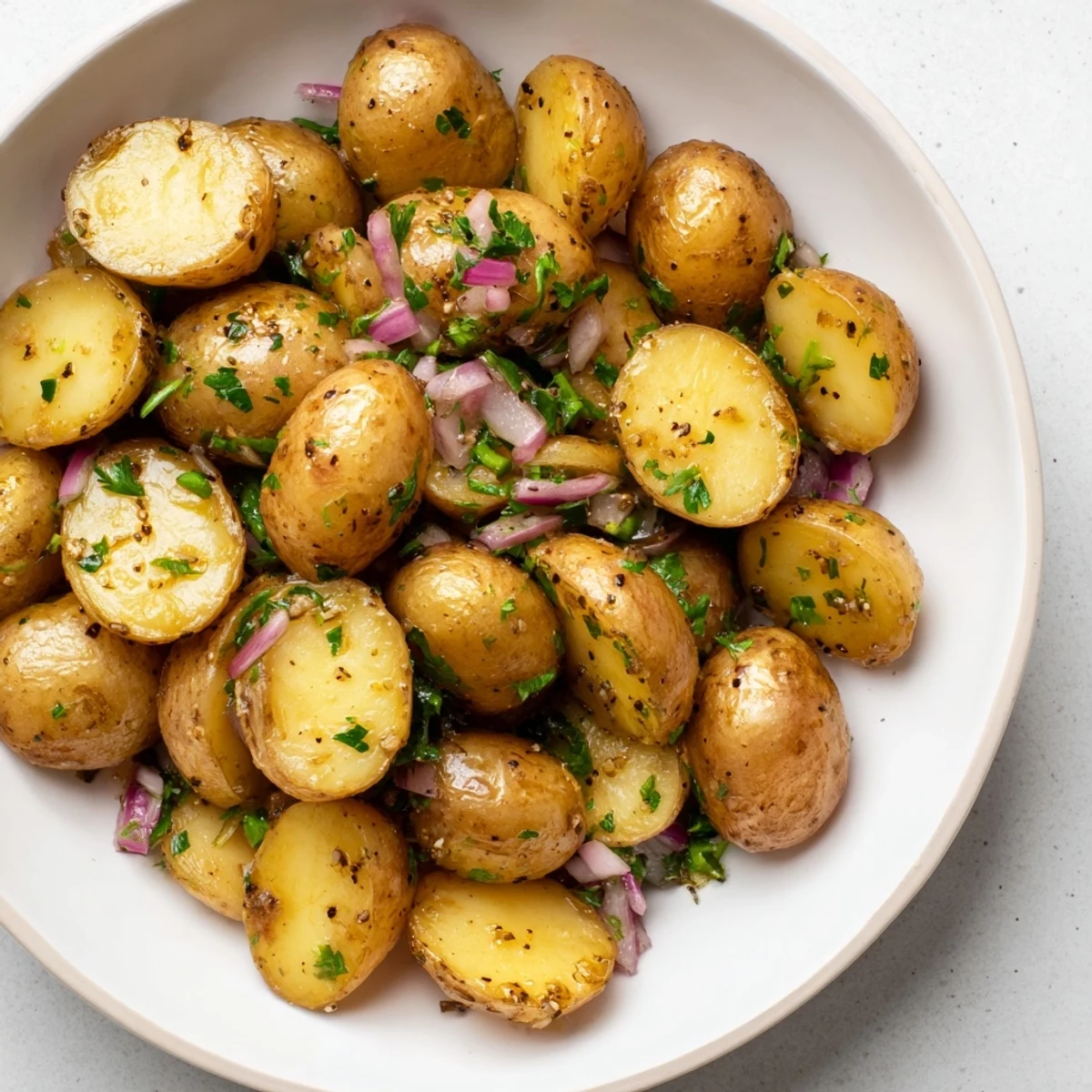 This vibrant roasted potato salad features crispy potatoes and a creamy dressing, delicious!