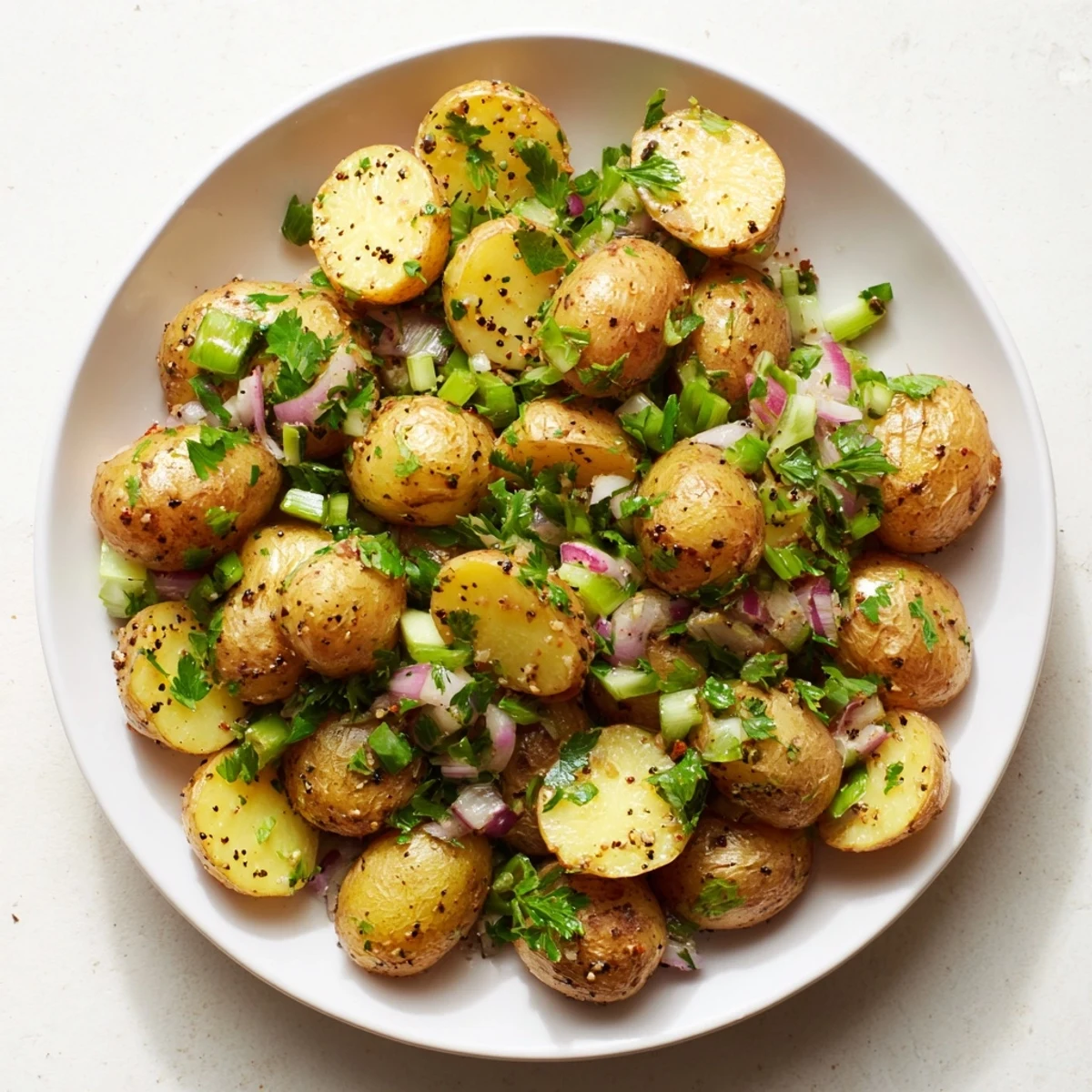 A close-up view of roasted potato salad with a zesty vinaigrette, perfect side dish.