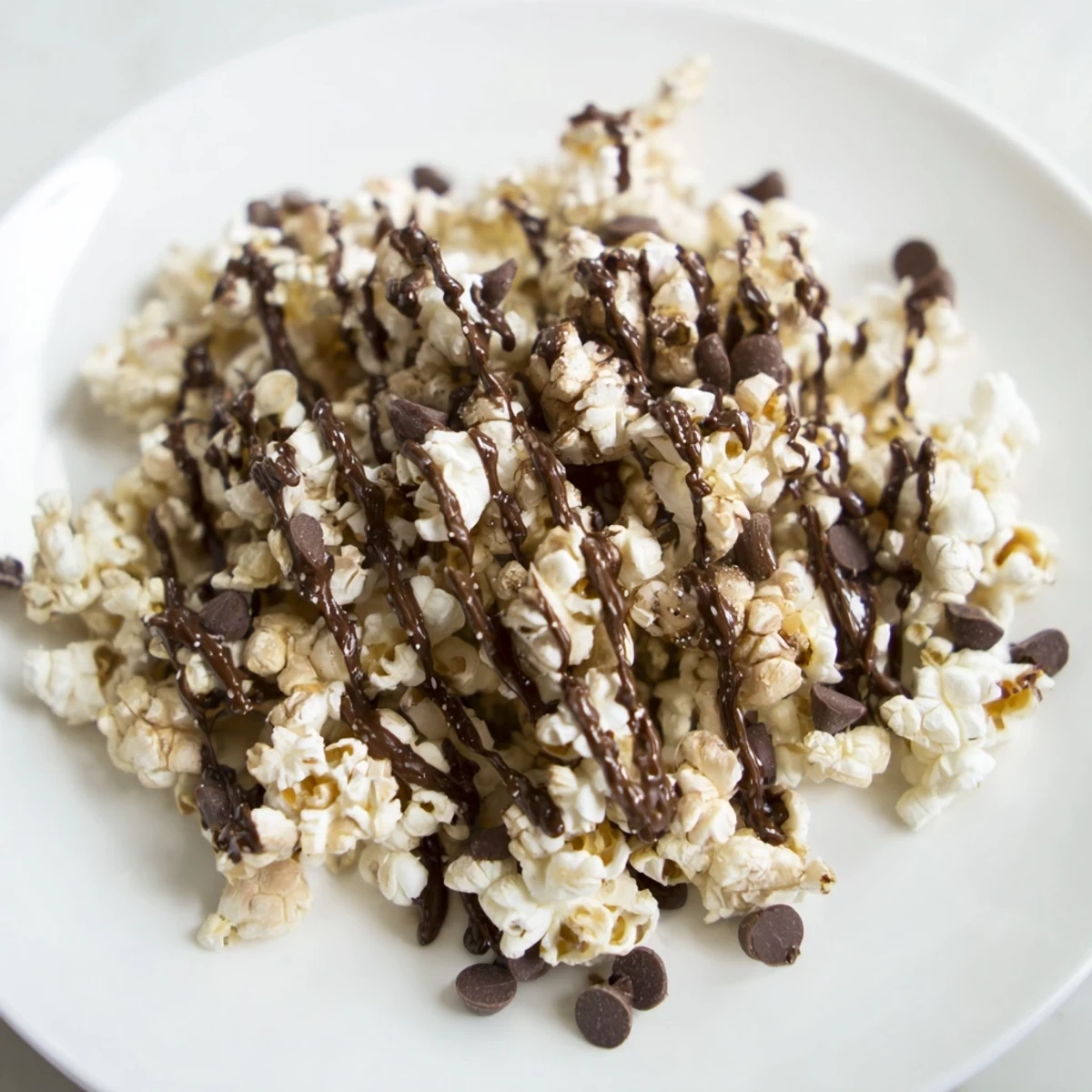 Rich, dark chocolate drizzle coats the fluffy, salty chocolate drizzle popcorn for a perfect snack.