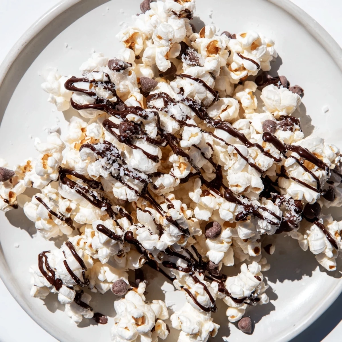 Homemade chocolate drizzle popcorn, a sweet and salty treat ready for movie night enjoyment.