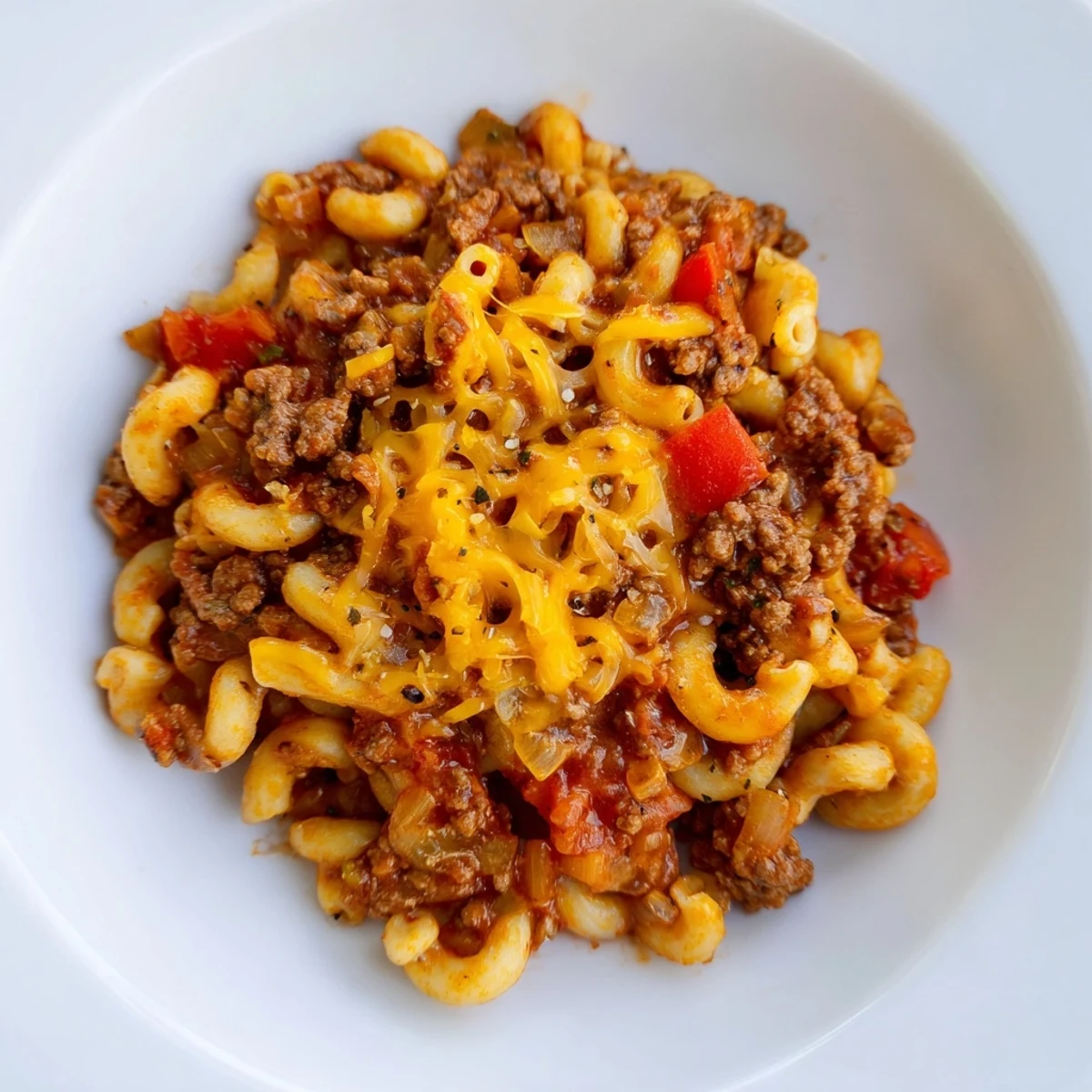 Close-up of bubbling Beef Chili Mac, showcasing the rich tomato sauce and hearty ingredients.