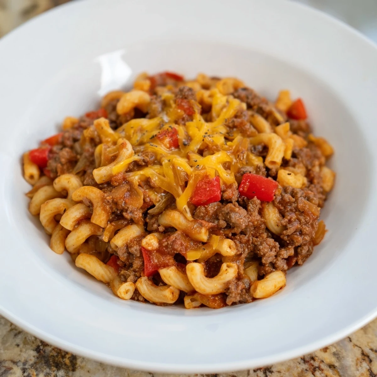 Family-friendly Beef Chili Mac recipe served hot, with a sprinkle of fresh green onions on top.