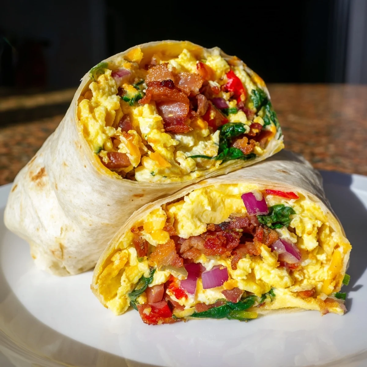 Golden-brown savory breakfast burrito, ready to enjoy, filled with eggs, cheese, and bacon.