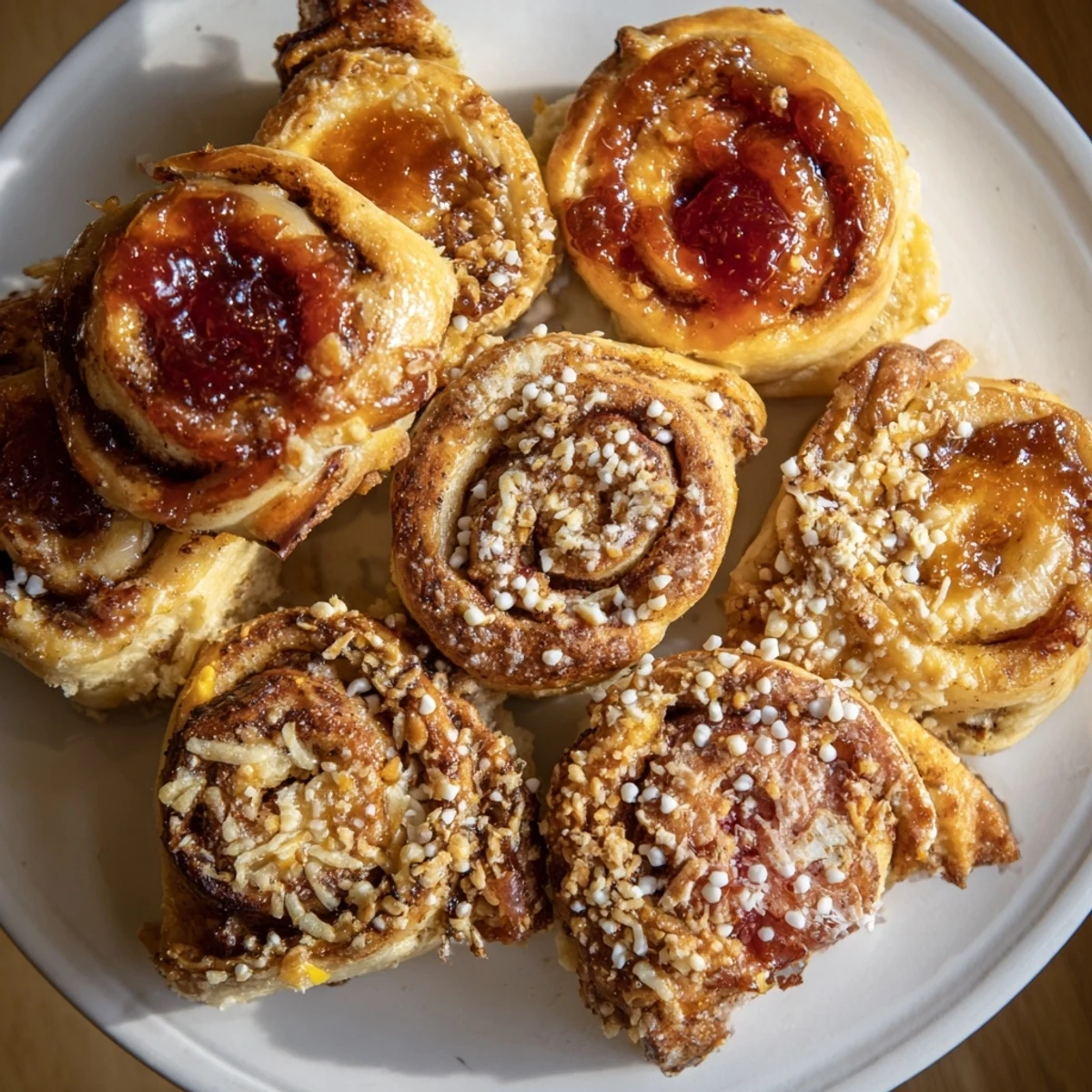 A golden-brown assortment of fresh baked goods, perfect for enjoying a classic breakfast.