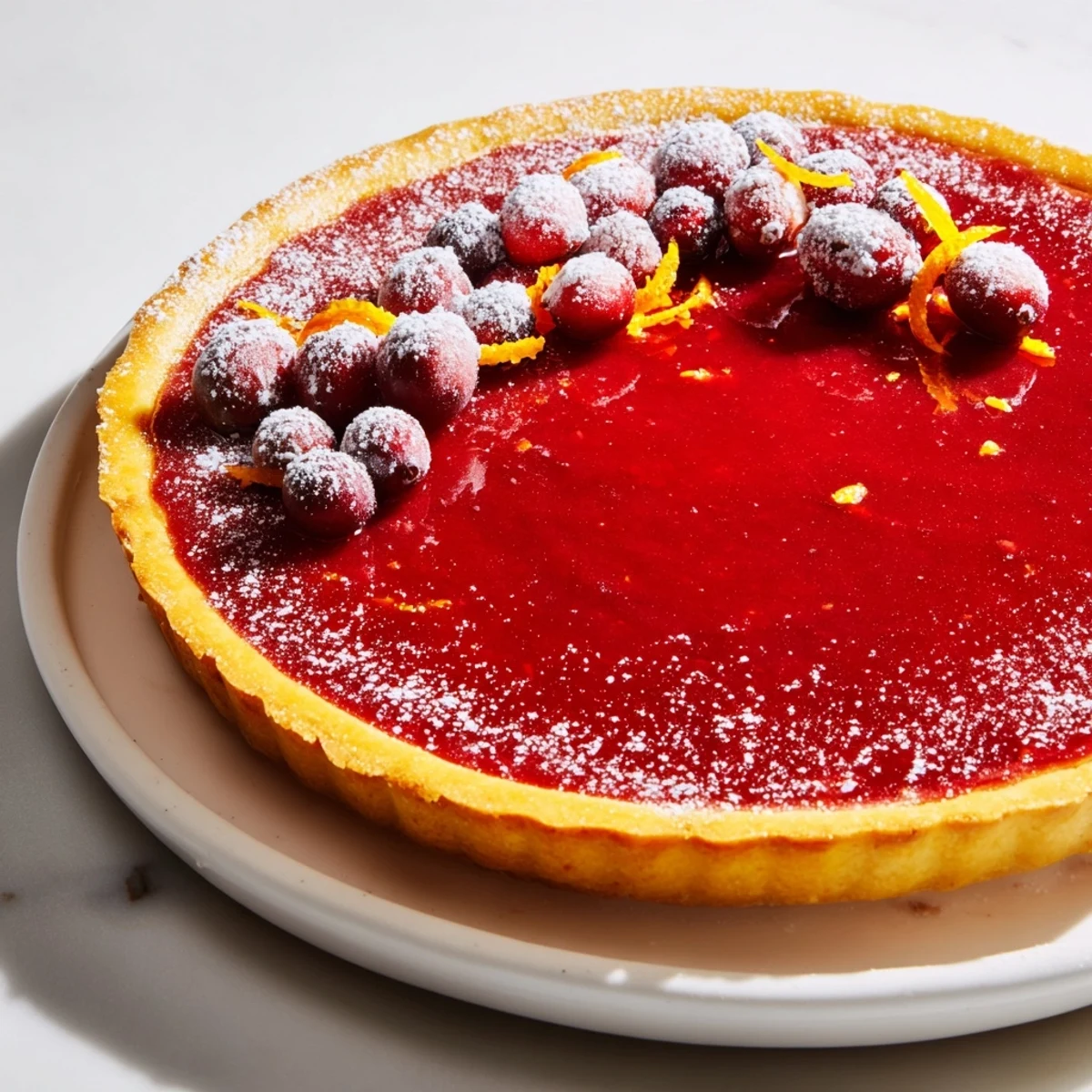 A slice of tangy cranberry tart, with a buttery crust and jewel-toned filling to enjoy.