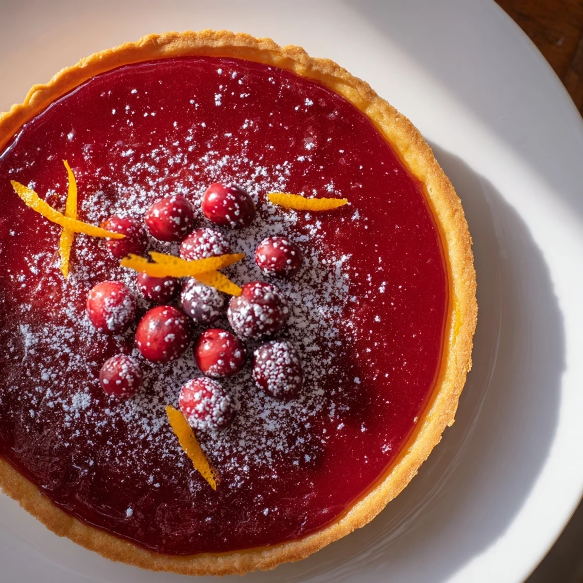 Freshly baked cranberry tart, glistening with sugar and garnished for a perfect dessert serving.