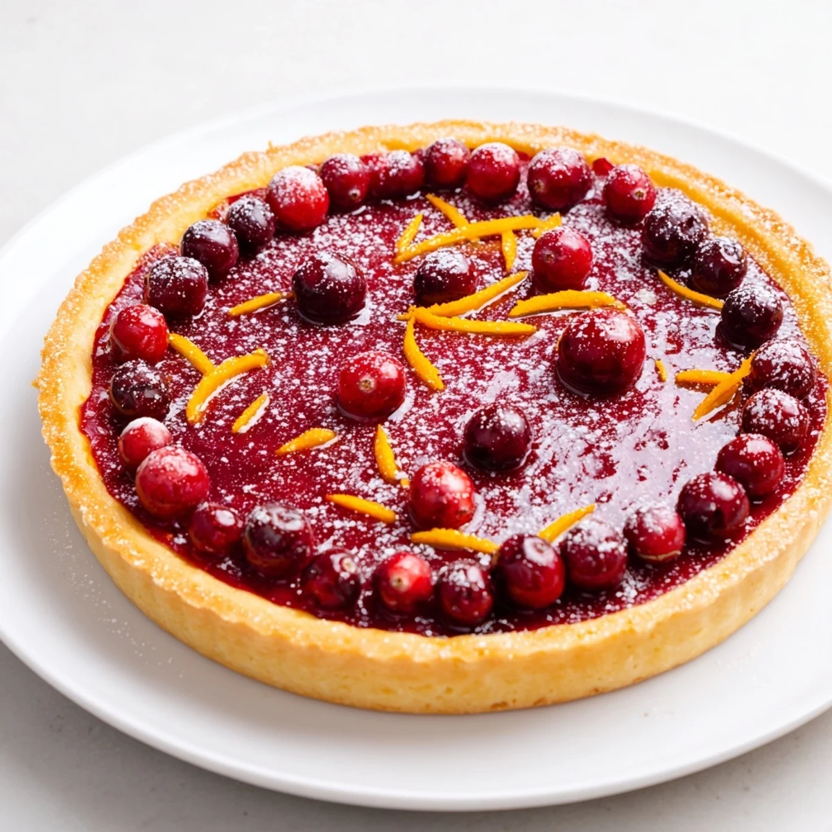 Close-up view of the cranberry tart shows its bright filling ready to be enjoyed any time.