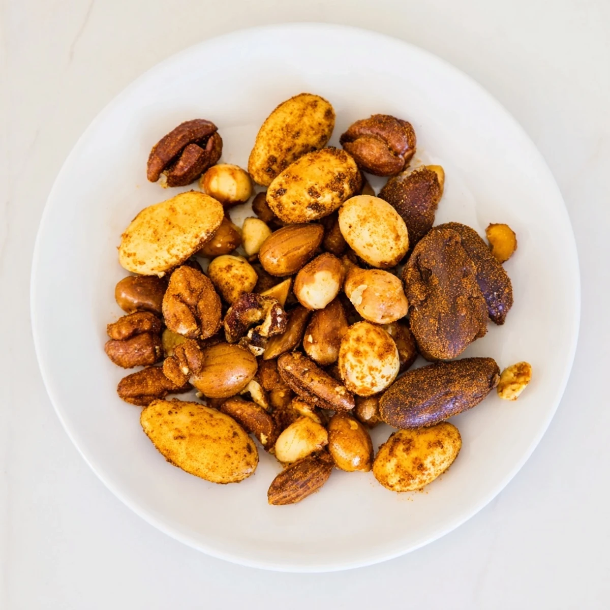 Close-up of freshly baked spiced nuts, glistening with seasonings, perfect for holiday gatherings.