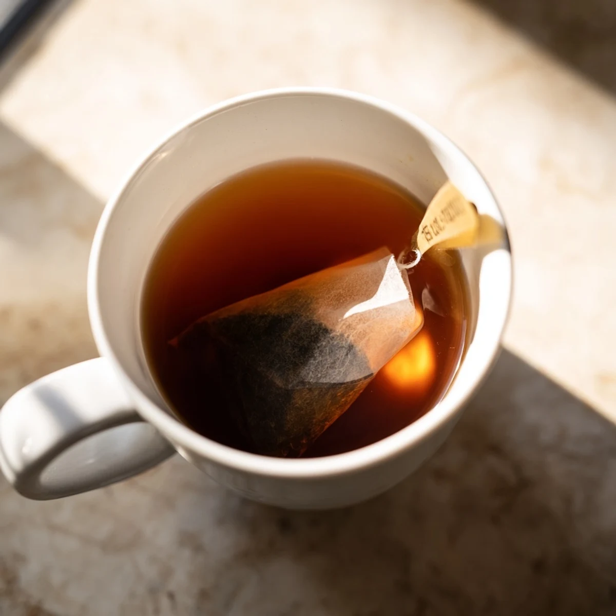 Enjoy a warm bag tea, capturing the fragrant steam rising from a freshly brewed cup.