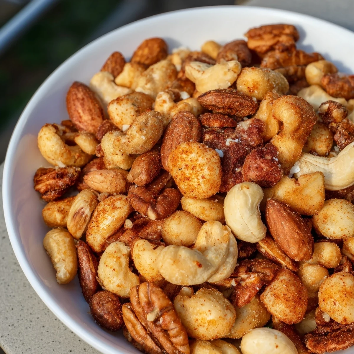 A close-up of a golden Mix Nut mix, perfectly roasted and seasoned for snacking.