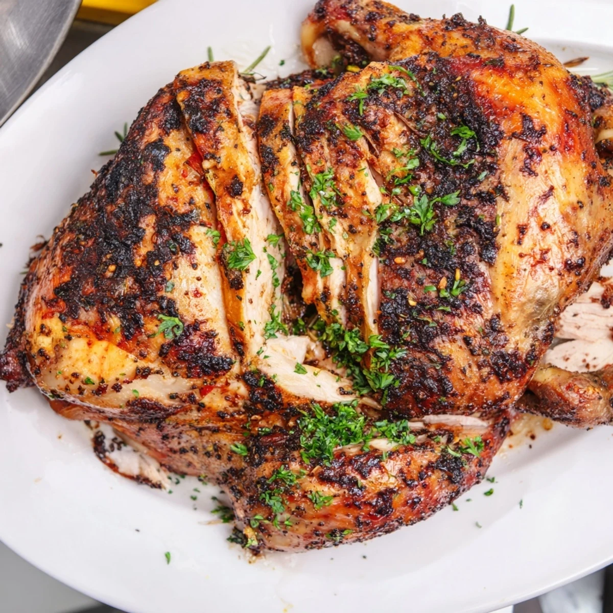 Golden-skinned Herb Spiced Roast Chicken, smelling divine, ready to be carved and served deliciously.