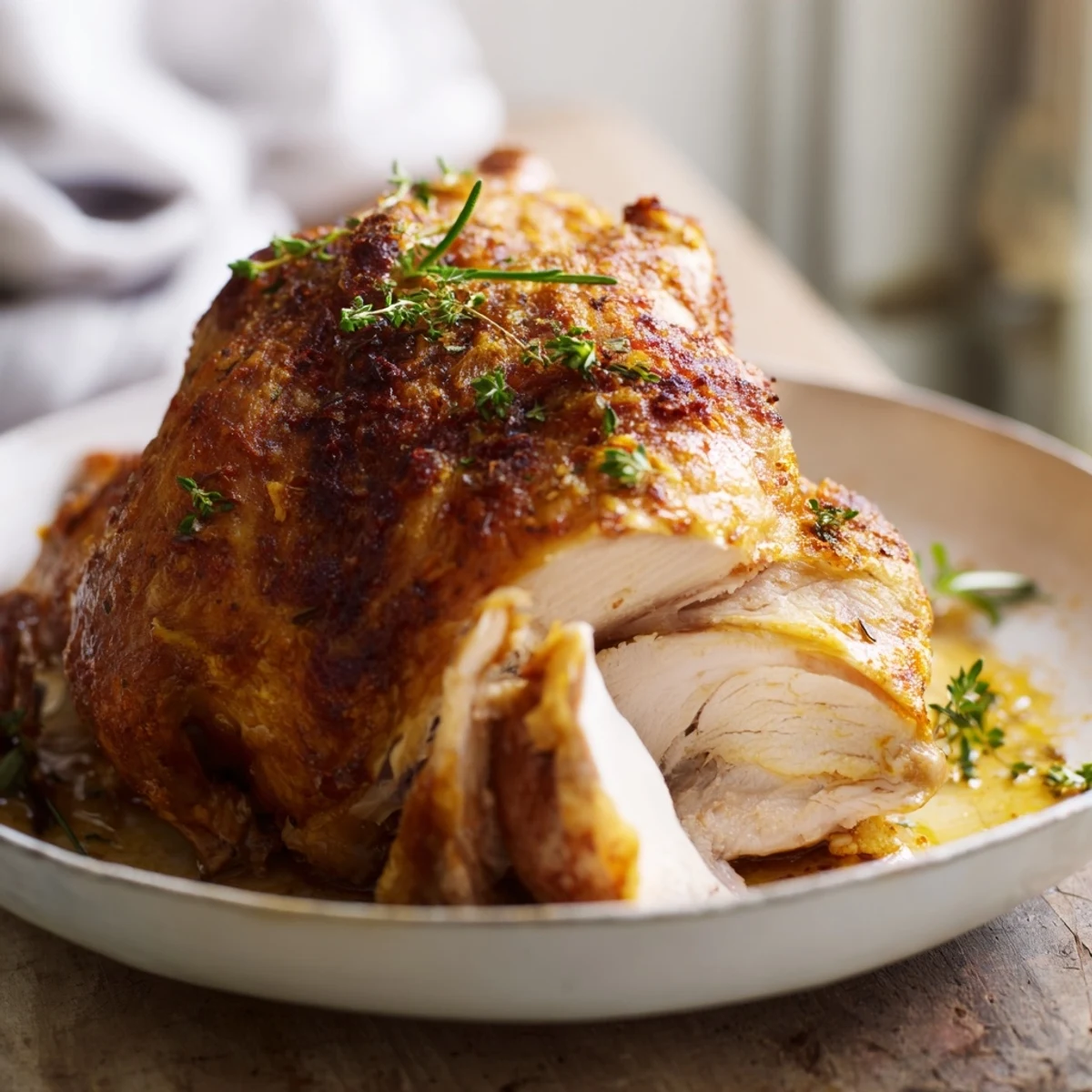 Juicy Herb Spiced Roast Chicken, nestled with onions and lemon, promises a flavorful, aromatic feast.