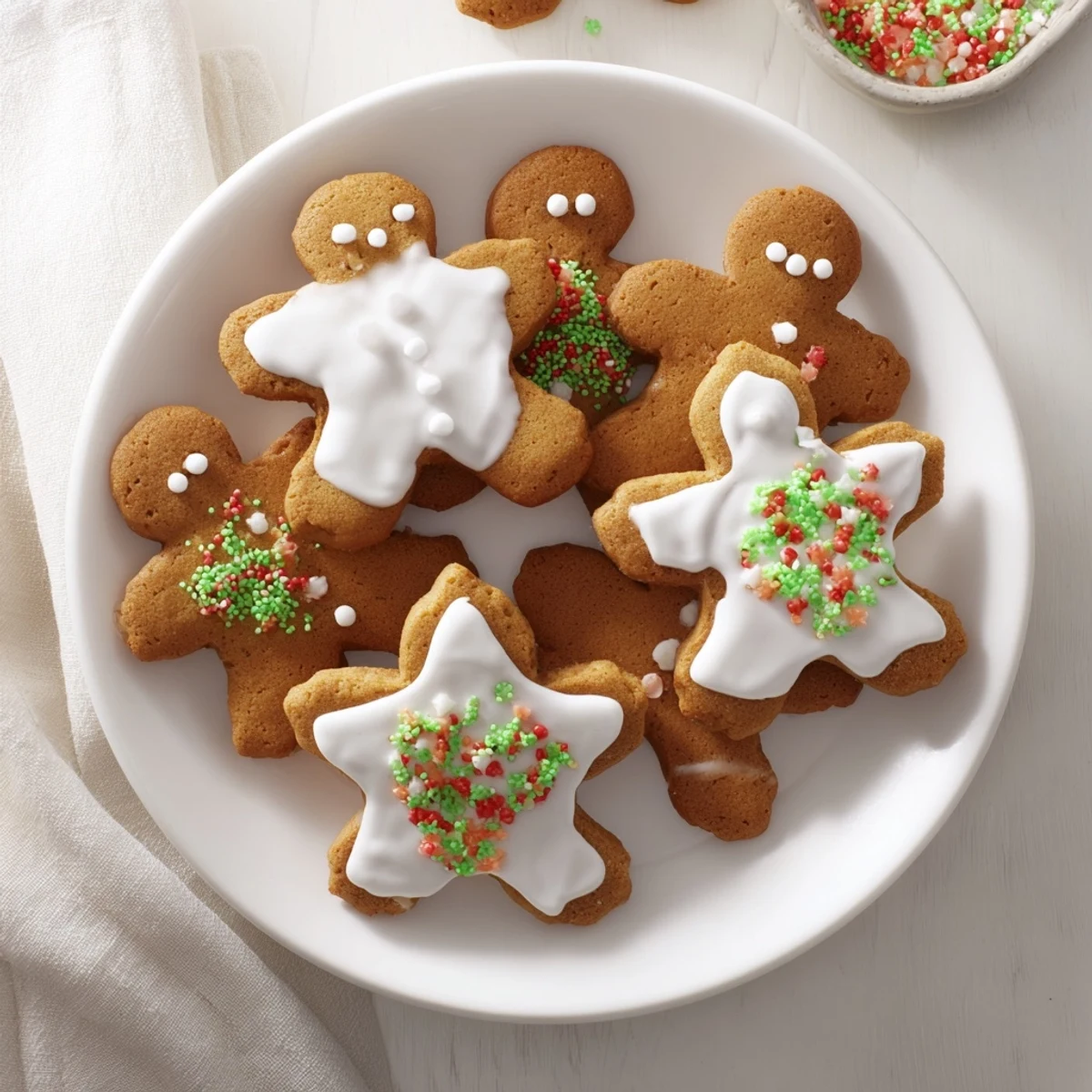 Freshly baked cutout gingerbread cookies, spiced and ready for holiday decorating with sprinkles.