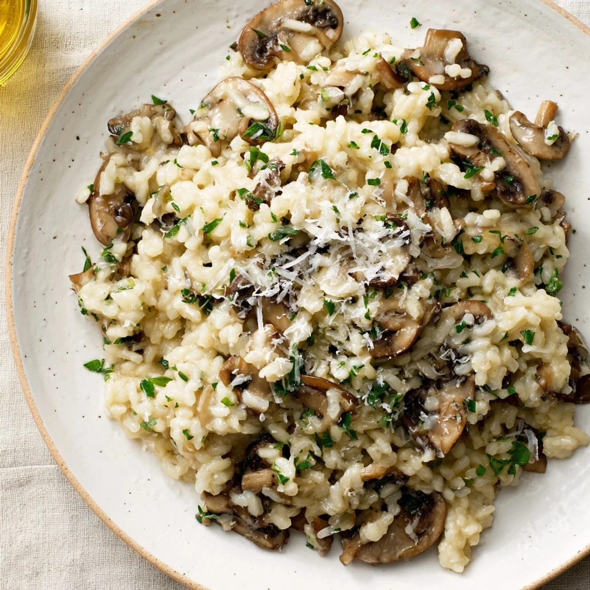 Creamy mushroom risotto: a close-up photo shows the creamy texture and fresh parsley garnish.