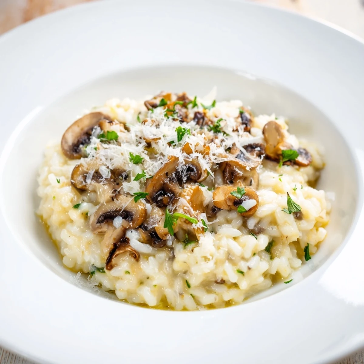 Savor the aroma of this homemade creamy mushroom risotto, served hot and delicious.