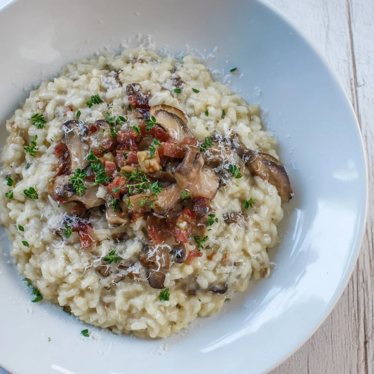 A bowl of delicious creamy mushroom risotto, beautifully garnished and ready to serve for dinner.
