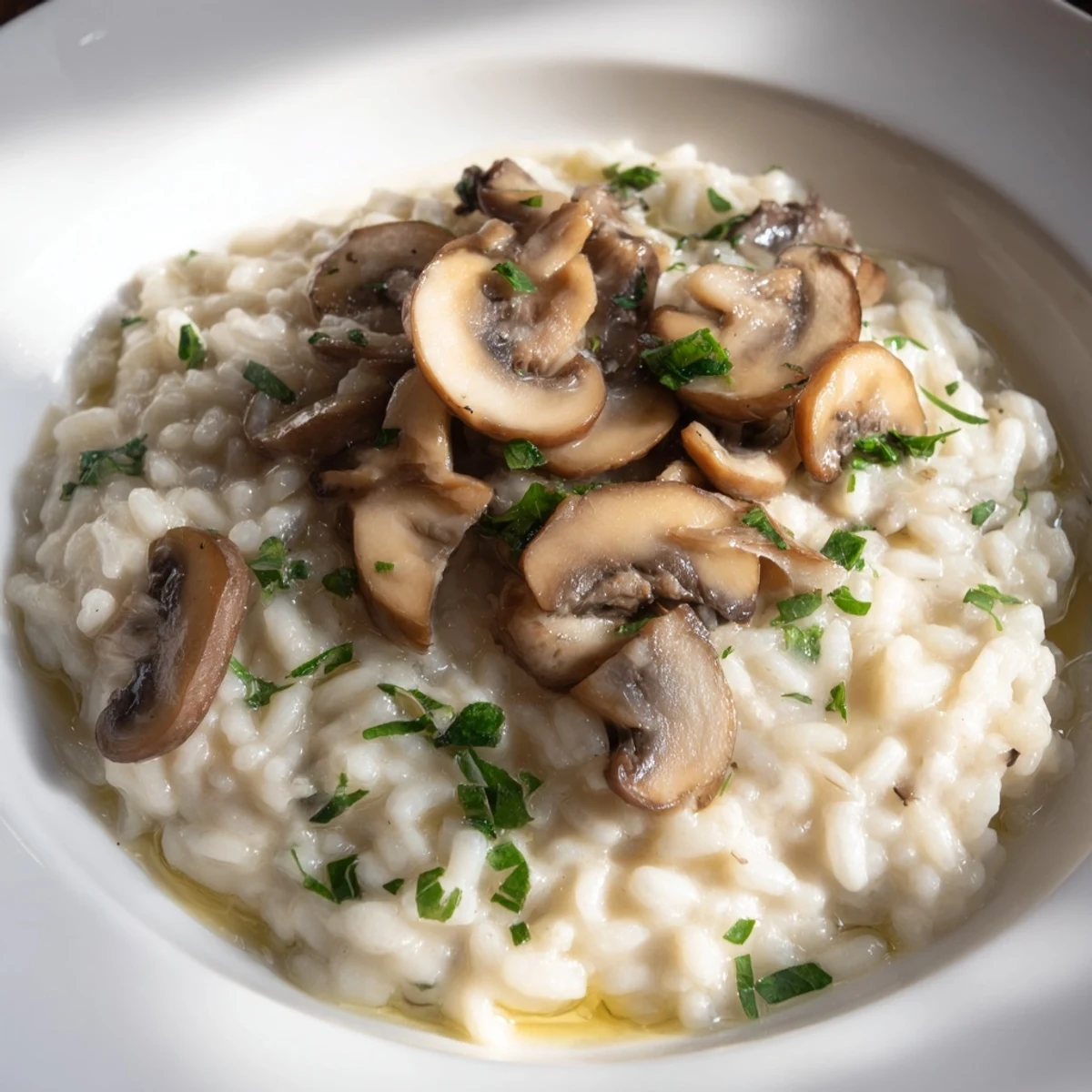 Steaming bowl of creamy mushroom risotto drizzled with truffle oil, ready to serve.