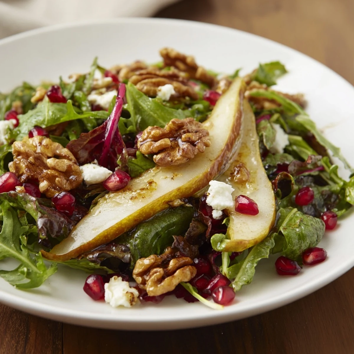 A vibrant Winter Green Salad with walnuts, showing colorful greens and a zesty citrus dressing.