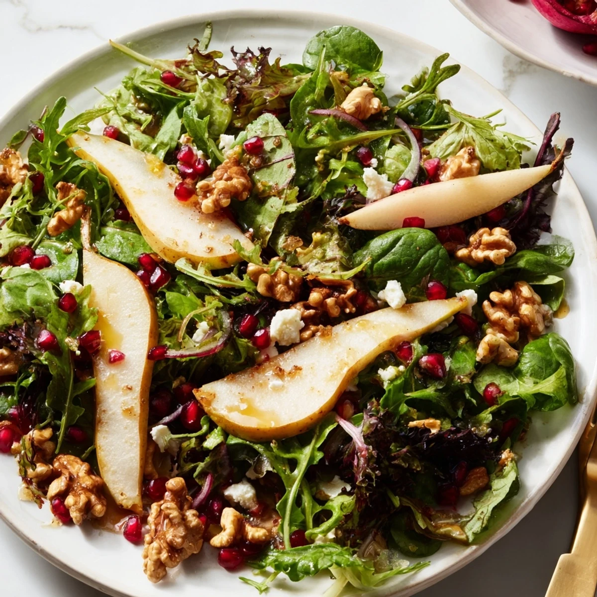 Freshly tossed Winter Green Salad, with toasted walnuts and sliced pears ready to eat.