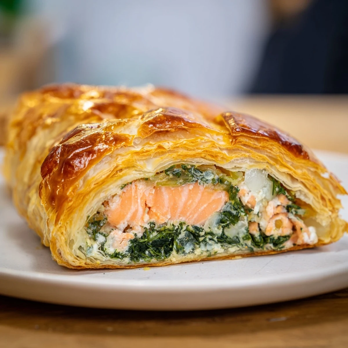 Flaky baked Salmon en Croûte with golden pastry, a delightful main dish perfect for dinner.