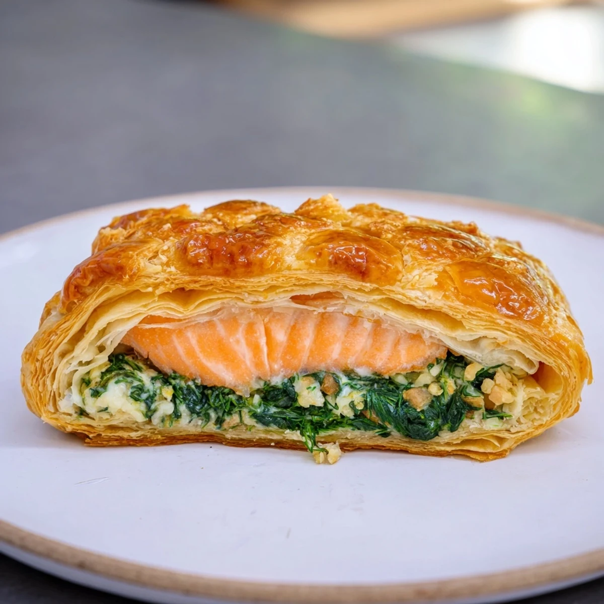 This image showcases a delicious Salmon en Croûte, its puff pastry baked to a perfect golden brown.