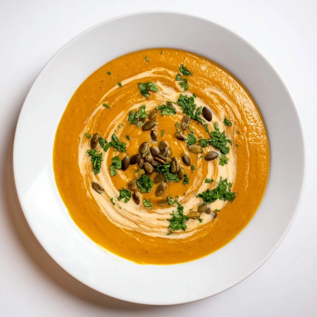 A steaming bowl of Spiced Butternut Squash Soup, garnished with fresh herbs and seeds.