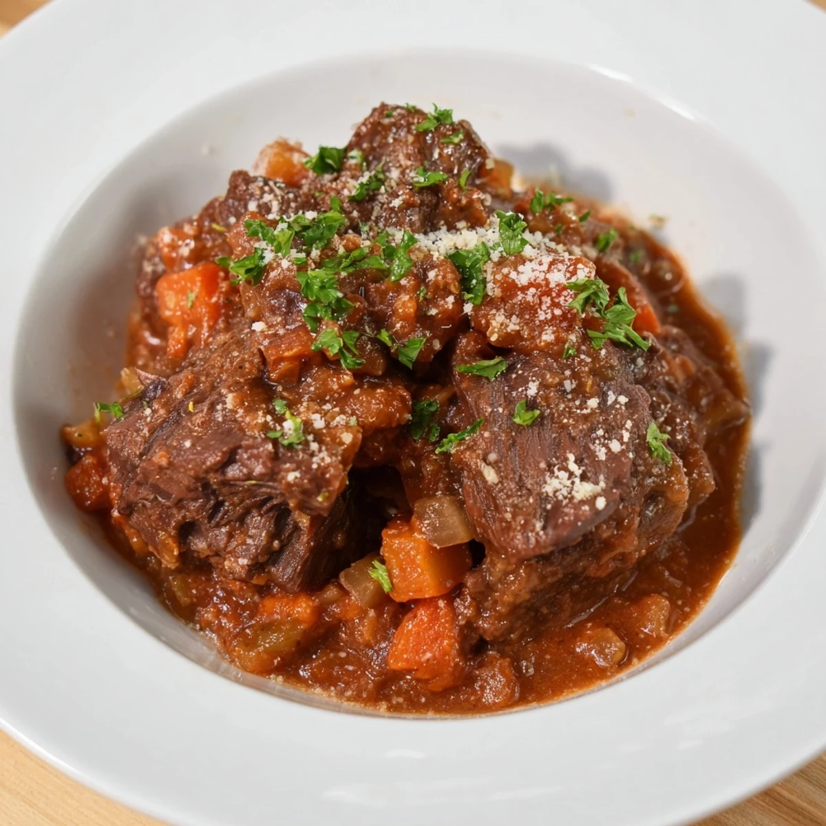Steaming bowl of Slow Cooked Beef Ragu, showing tender beef and rich tomato sauce, ready to serve.
