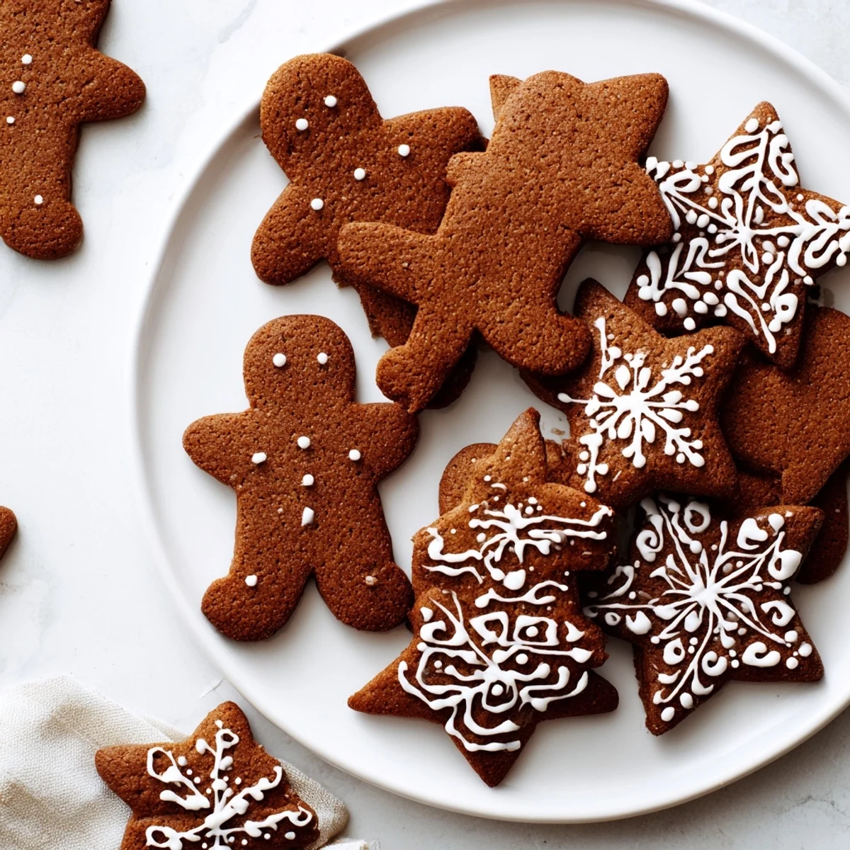 Freshly baked gingerbread cookies, warm from the oven, ready for festive decorating with frosting.