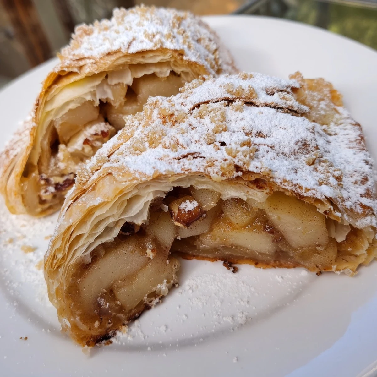 Warm Apple Strudel, golden brown and flaky, ready to be sliced, a classic Austrian dessert.